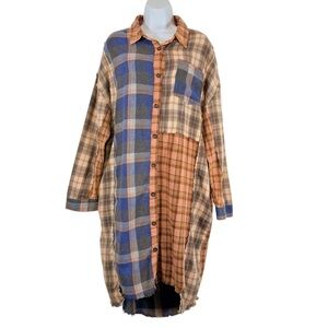 Oli & Hali Patchwork Plaid Button Down Shirt Dress Boho Oversized Tunic SzM